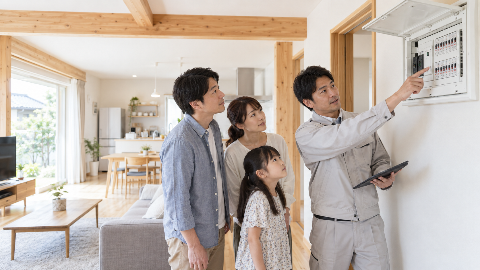 中古住宅の分電盤を確認する家族とリフォーム担当者