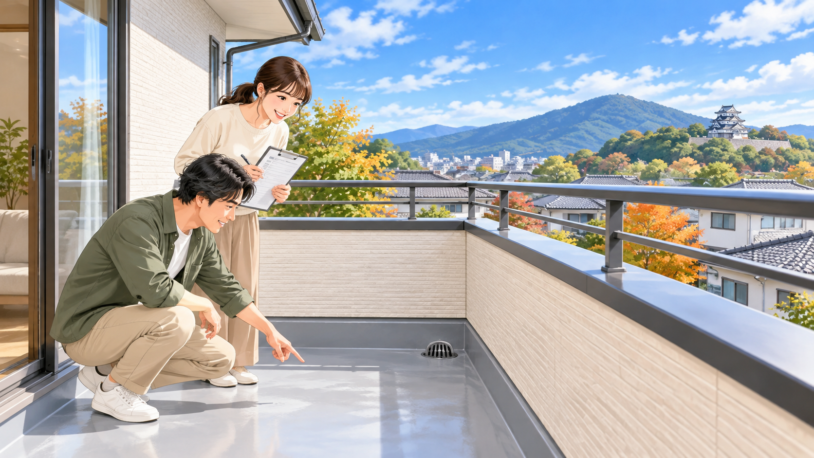 熊本の中古住宅でバルコニーの防水と排水口を内見で確認する様子