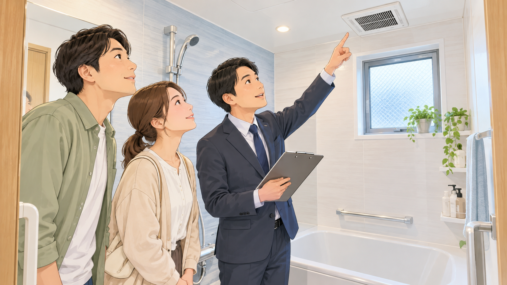 熊本市で中古住宅の浴室換気扇と窓を内見で確認する様子