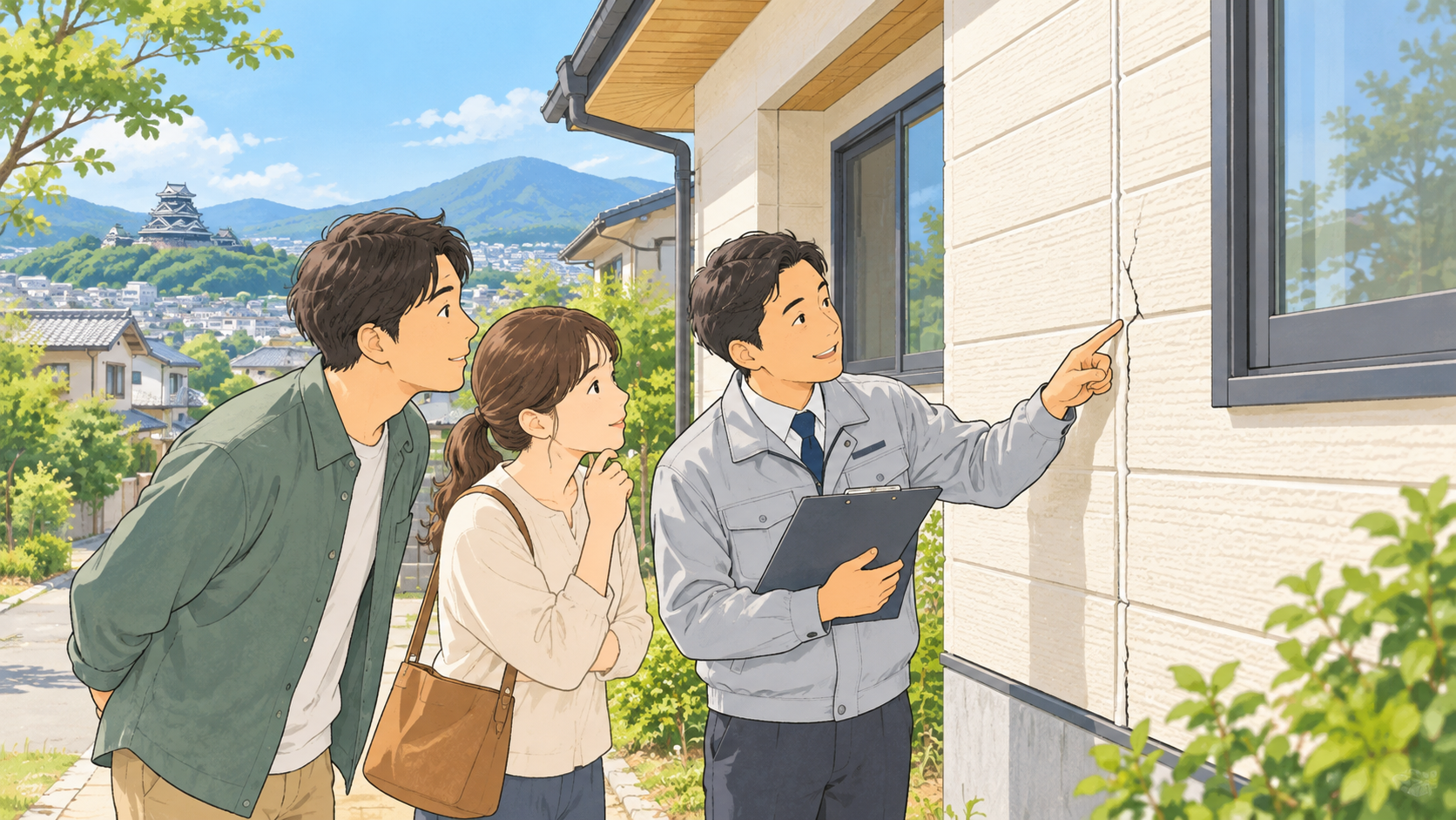 熊本市で中古住宅の外壁と目地を内見で確認する様子