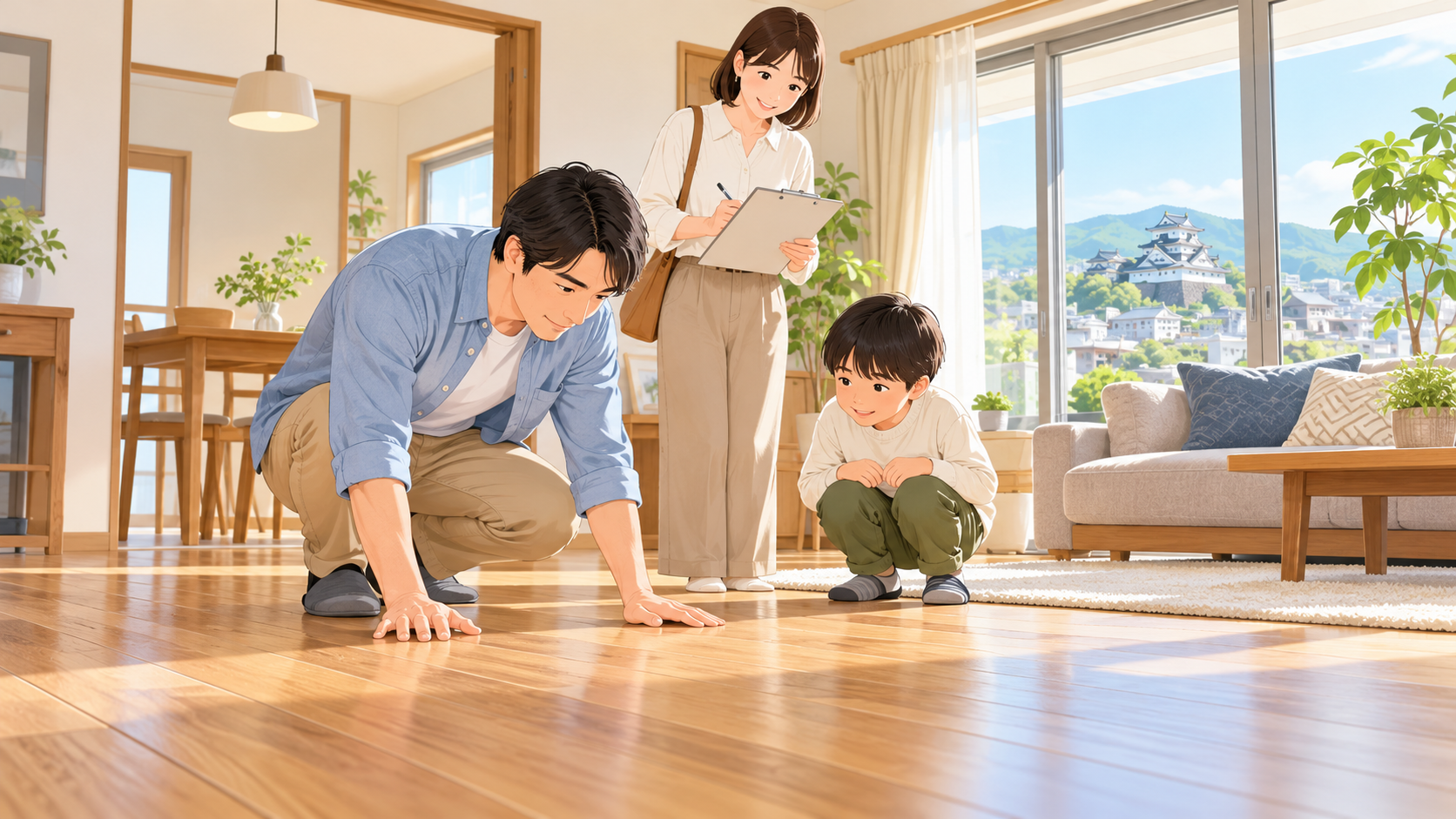 熊本市で中古住宅のリビング床を内見で確認する家族