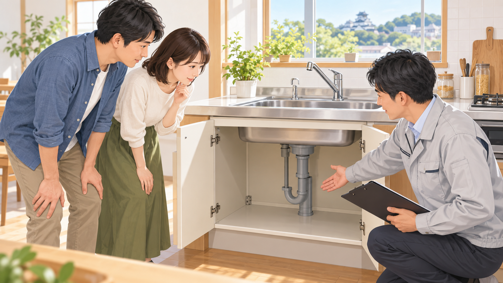 熊本市で中古住宅のキッチン排水とシンク下を内見で確認する様子