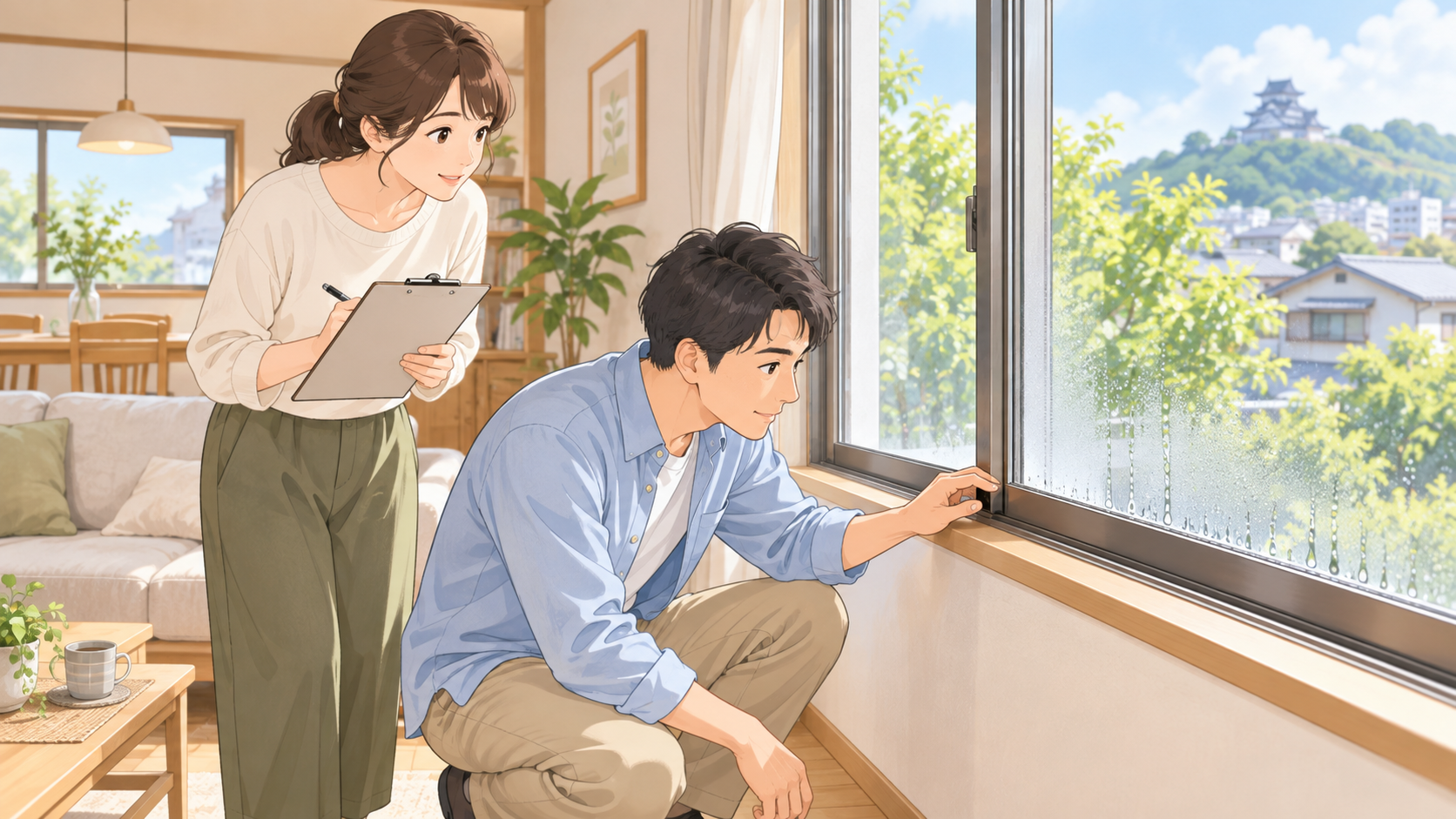 熊本市で中古住宅の窓とサッシを内見で確認する様子